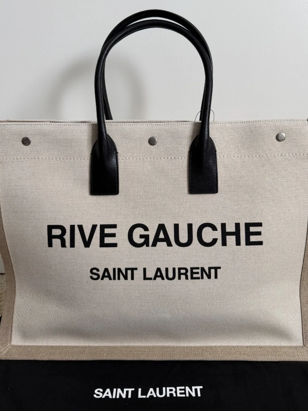 Saint Laurent YSL Rive Gauche White Black Canvas Logo Leather Tote Bag
